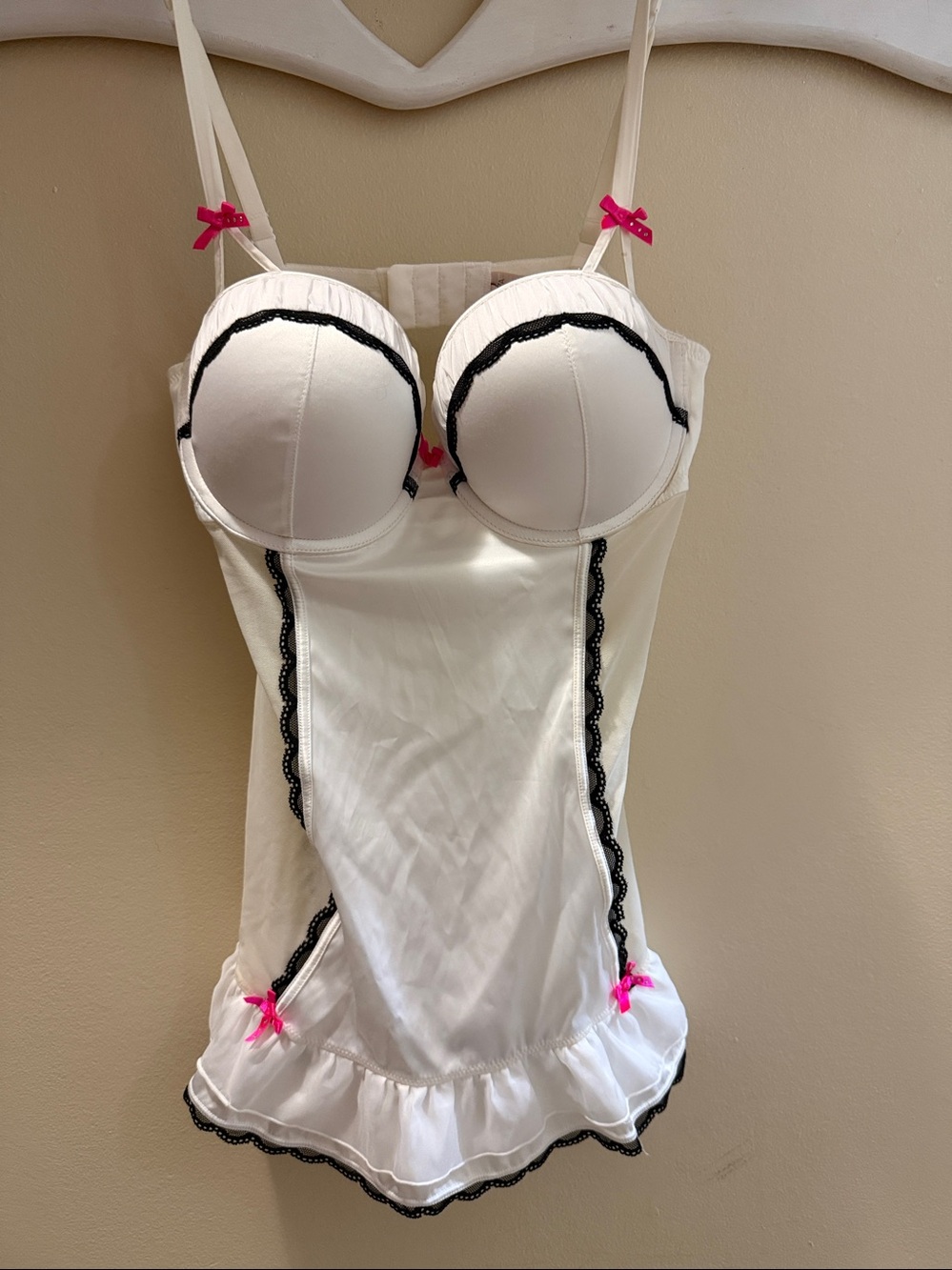 White Lace-Trim Bustier Chemise with Pink Accents